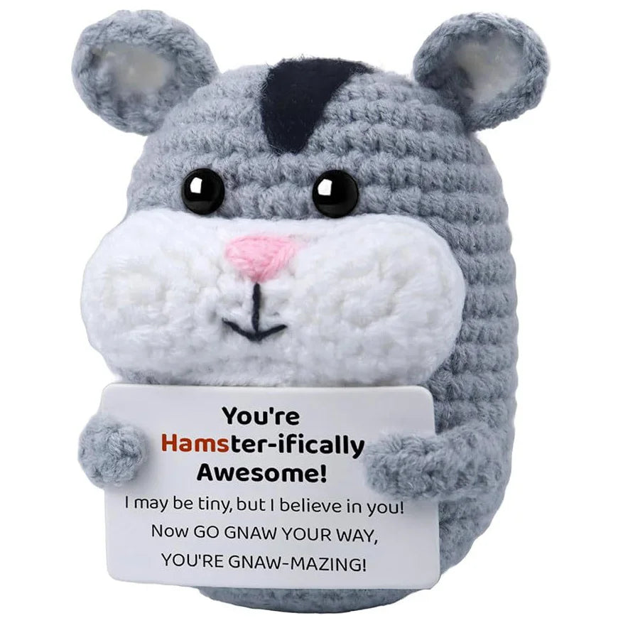 Funny Crochet Positive Hamster Doll with Card Home Room Decoration Handmade Knitted Hamster Desktop Ornament Christmas Gifts