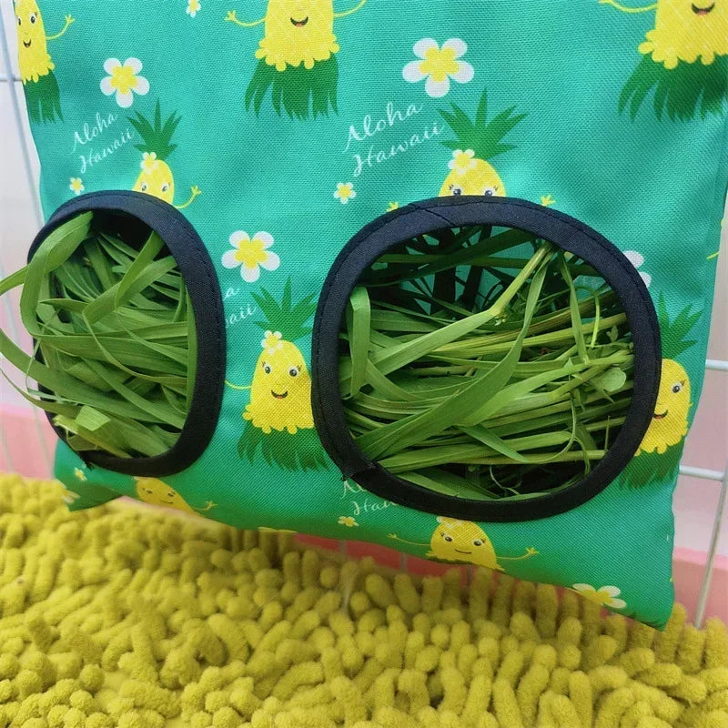 Hanging hay feeder bag for guinea pigs and rabbits from Burrowly.