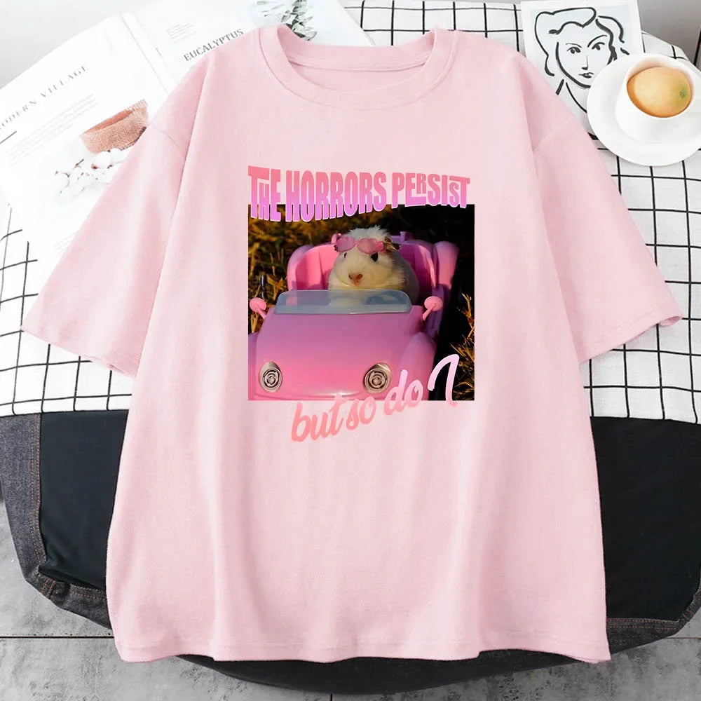 Sad hamster horror continues, but I am the same T-shirt with pink pattern printed cartoon T-shirt, women's soft T-shirt