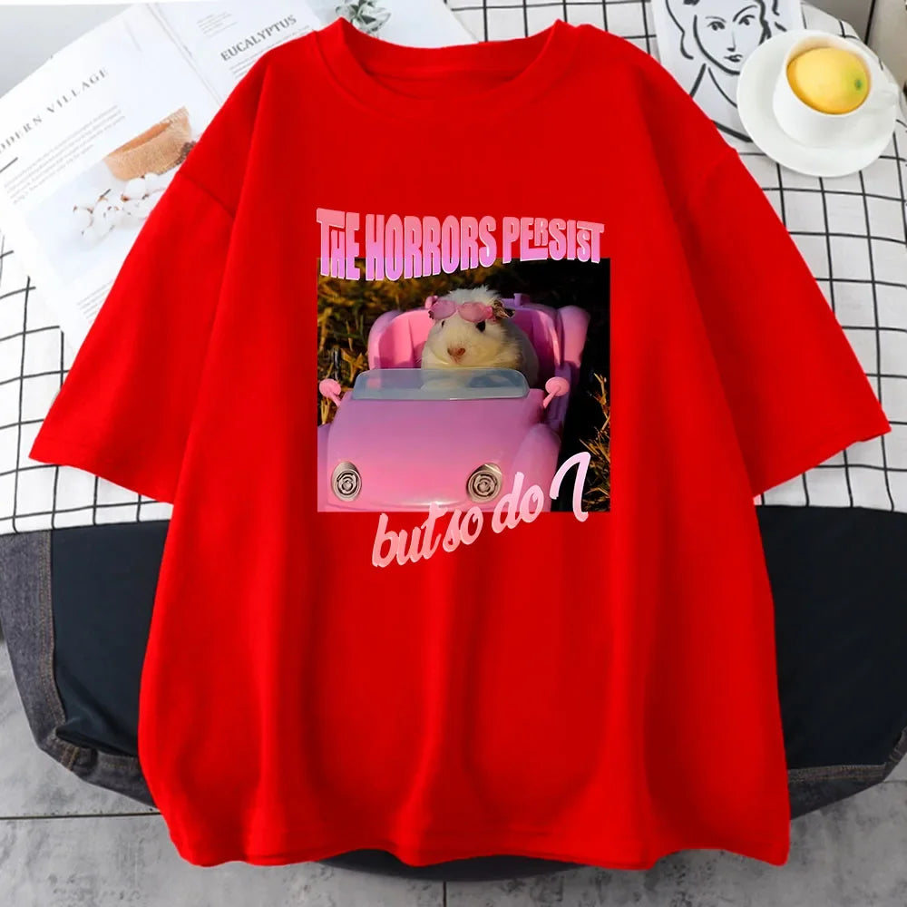 Sad hamster horror continues, but I am the same T-shirt with pink pattern printed cartoon T-shirt, women's soft T-shirt