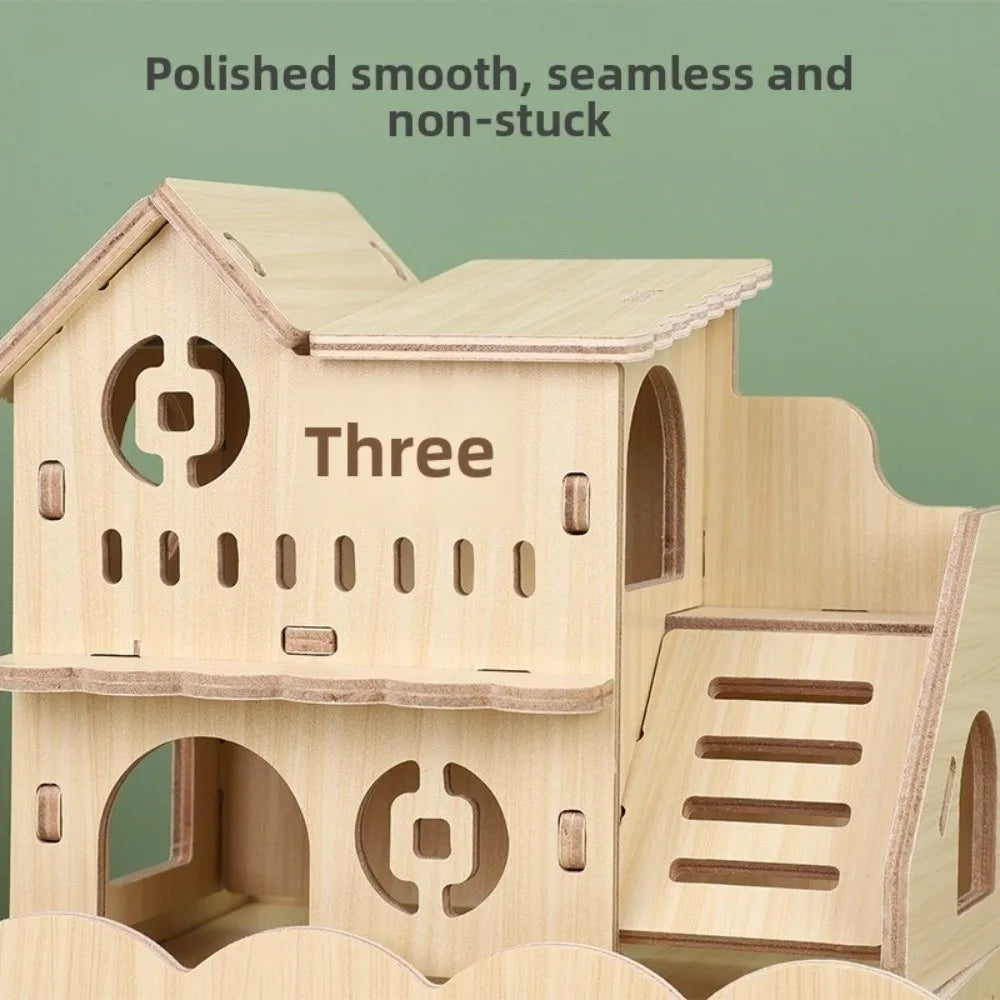 Natural Wooden Hamster Villa Easy To Install, Chewable Platform House, Durable Cage Accessories, Seesaw Swing, Pet Supplies