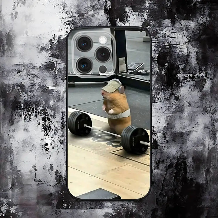 Cute Gym Hamster Phone Case For iPhone 16,15,14,13,12,11,Pro,Max,Plus,X,XS,SE,E,Mini,Soft Silicone Black Case