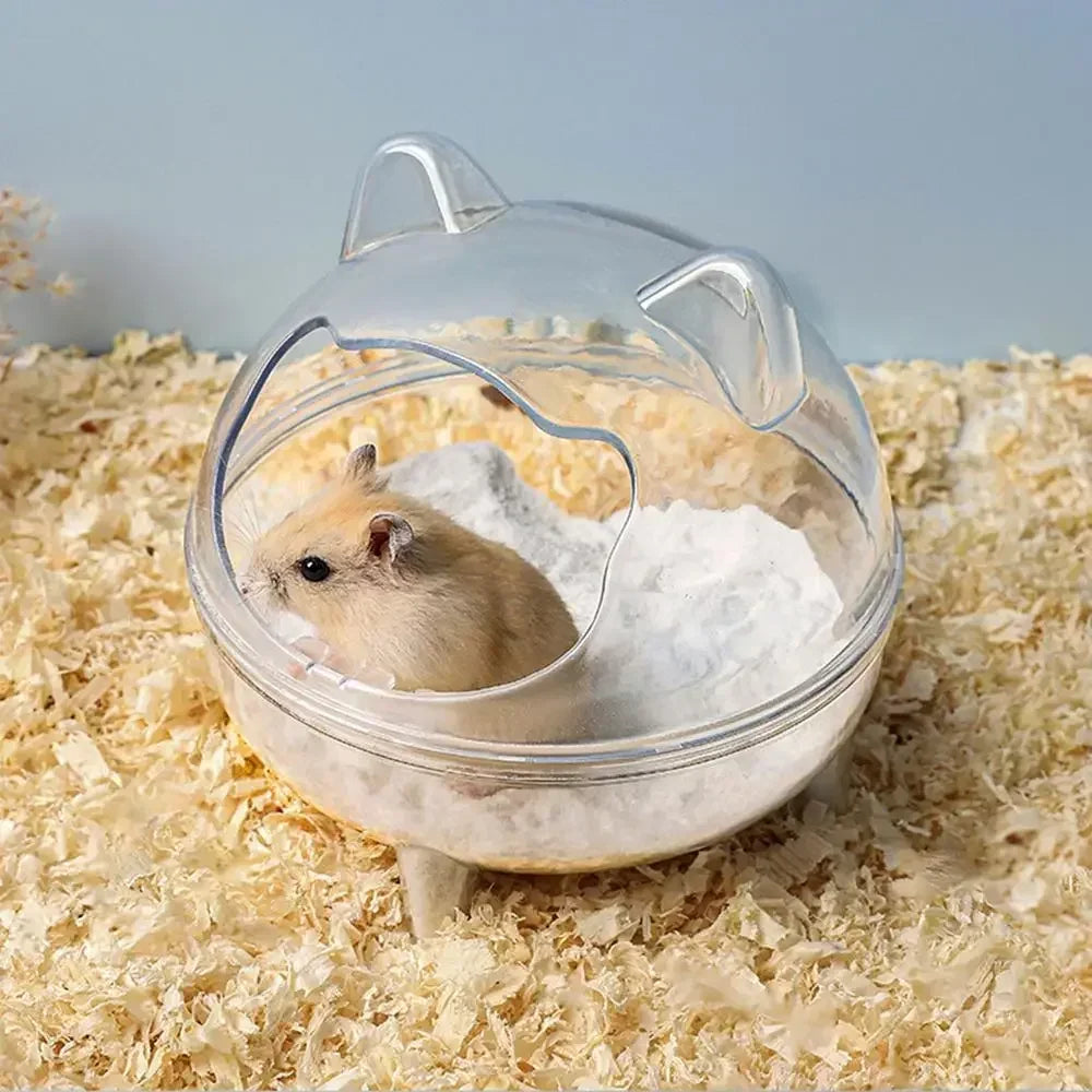 Clear hamster sand bath house for a tidy Burrowly small pet habitat.