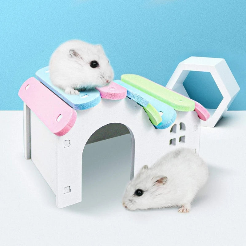 Round Wooden Hideout with Rainbow Bridge for hamsters, mice, and gerbils from Burrowly small pet supplies.