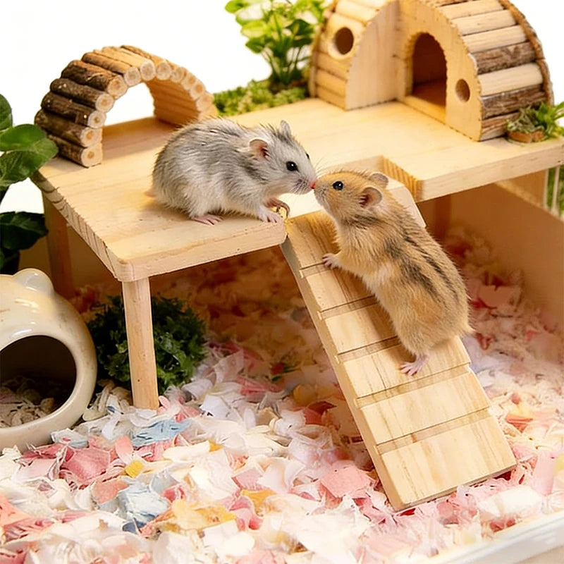 Thick L-shaped Wooden Hamster Platform with Stairs Climbing Hideout