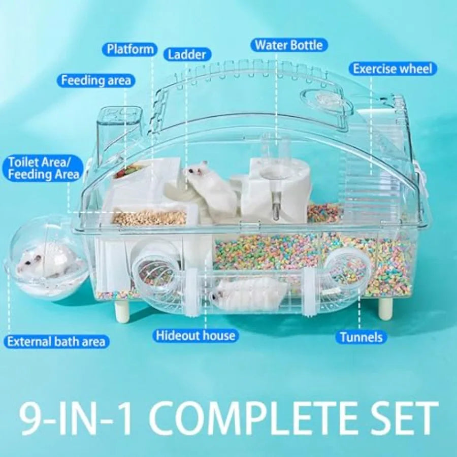 Dwarf Hamster CageAcrylic Rat Cage Hamster Home Small Animal Cages with Tube Exercise Wheel Mouse Habitat for Gerbils Mice 17.7