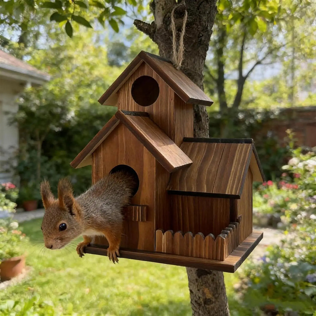 Squirrel Feeder Three-Room Design Wooden Food Outdoor Station Squirrel Houses Picnic Table with Flexible Roof for Garden Tree