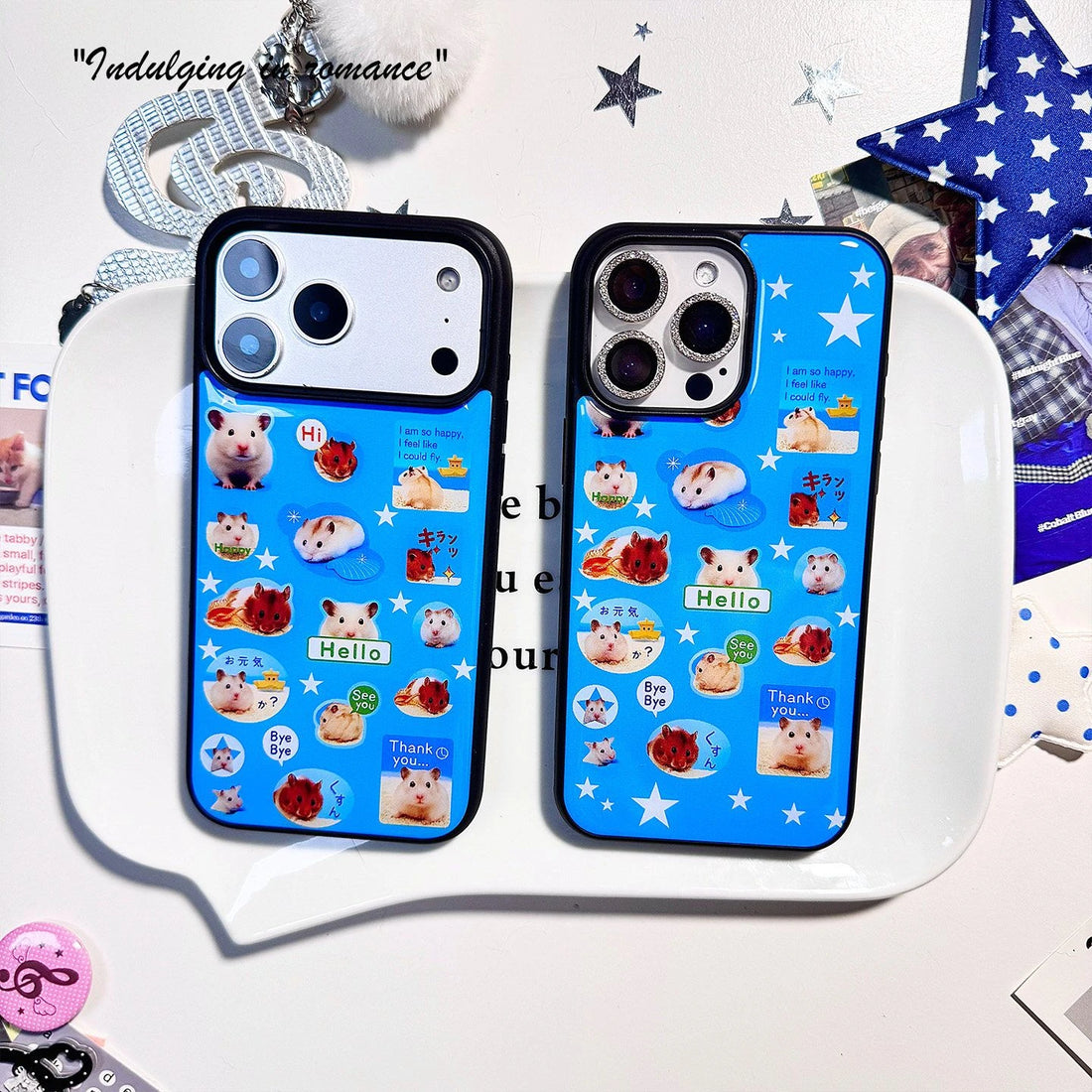 New Fashion Y2K Cute Hamster Sticker Print Blue Phone Case For iPhone 17 Air 16 15 14 13 12 11 Pro Max Plus Shockproof Cover