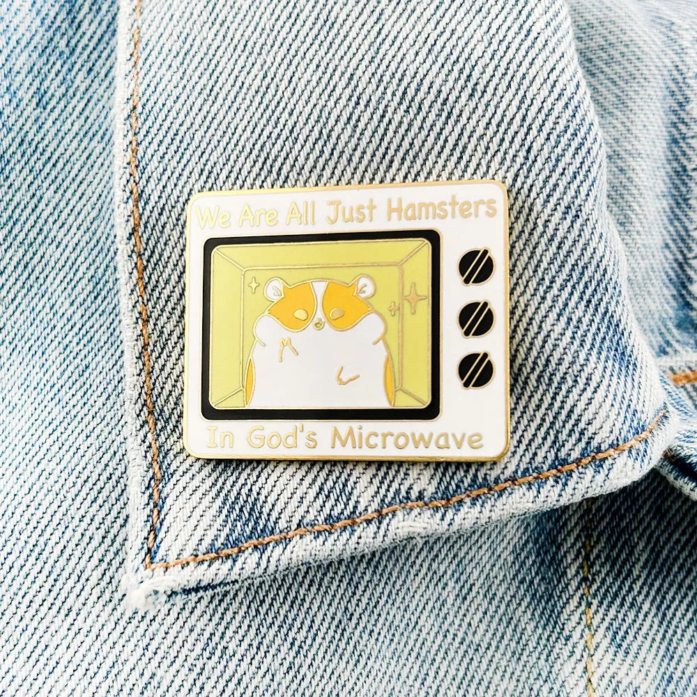 We Are All Just Hamsters In God's Microwave Lapel Pin Funny Meme Badge Kawaii Parody Novelty Jewelry