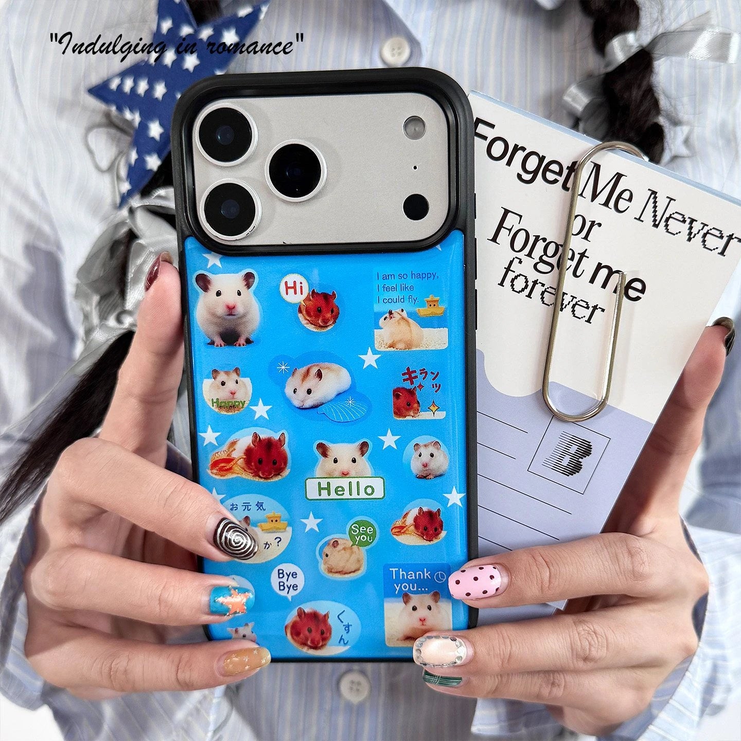 New Fashion Y2K Cute Hamster Sticker Print Blue Phone Case For iPhone 17 Air 16 15 14 13 12 11 Pro Max Plus Shockproof Cover