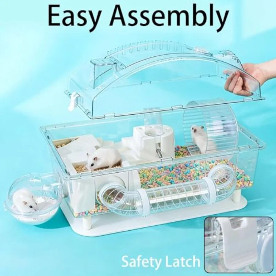 Dwarf Hamster CageAcrylic Rat Cage Hamster Home Small Animal Cages with Tube Exercise Wheel Mouse Habitat for Gerbils Mice 17.7