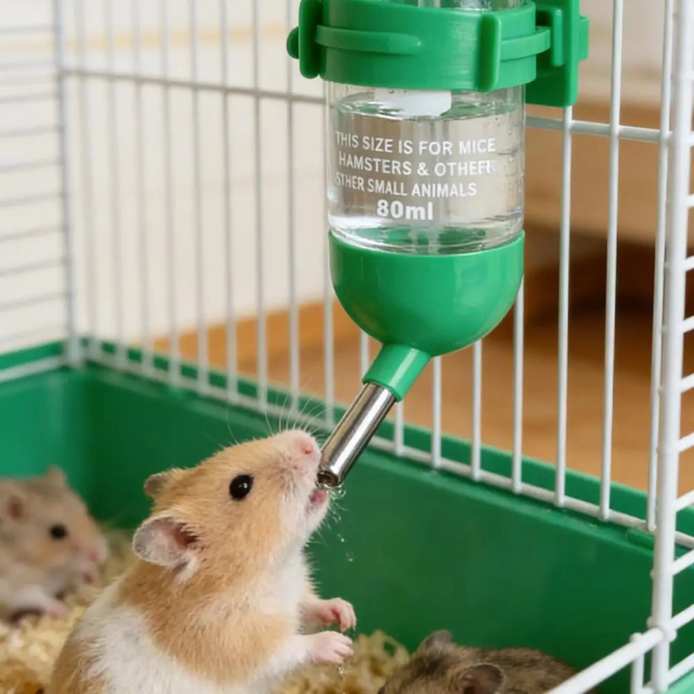 Hanging small animal water bottle for hamster and rabbit hydration from Burrowly.