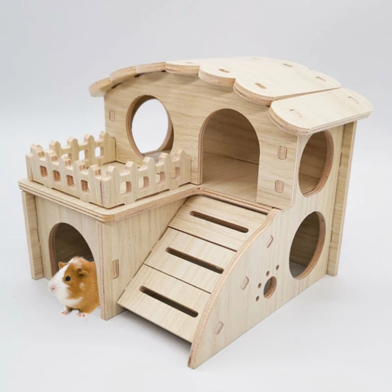 Pet Small Animal Hideout Hamster House Luxury Two Layers Wooden Climbing