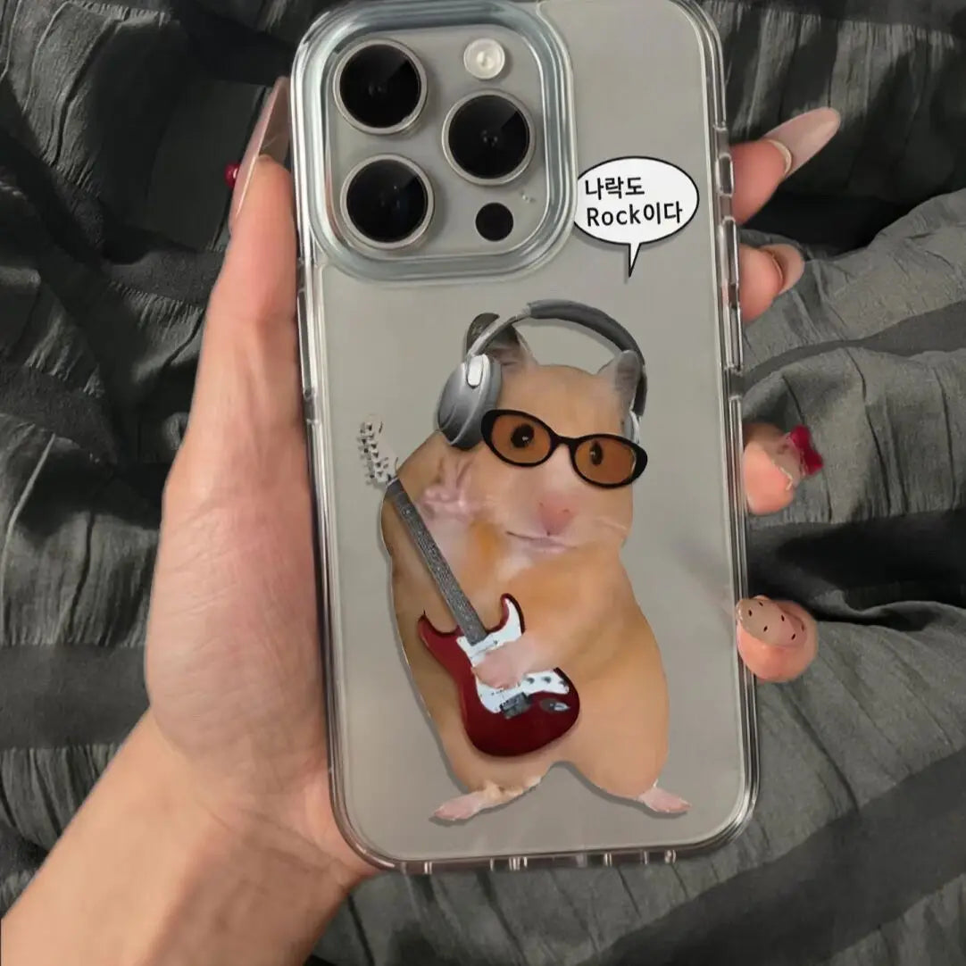 Korean Ins Funny Rockstar Hamster Clear Phone Case for iPhone 11 12 13 14 15 16 17 Air Pro Max Cute Simple Y2K Shockproof Cover