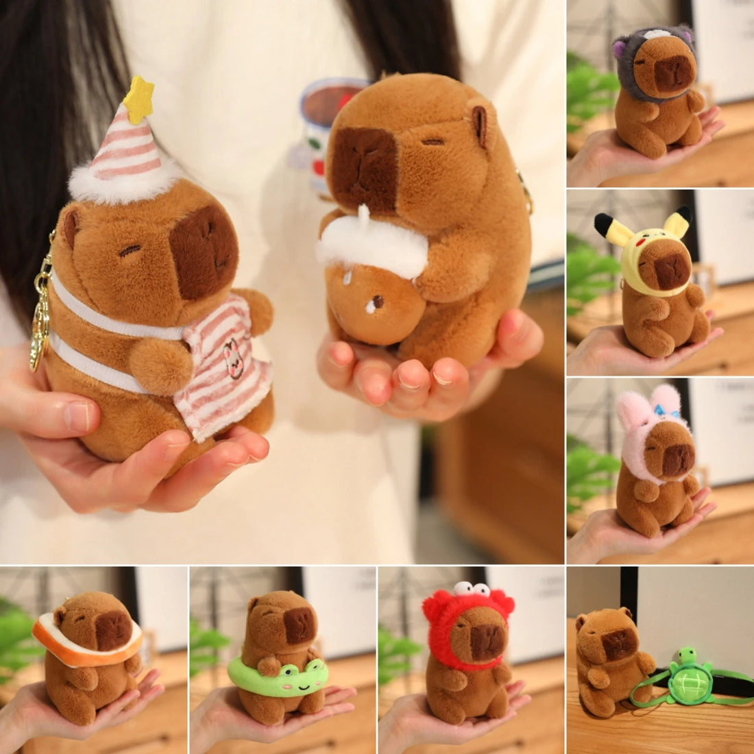 Cute Capybara Plush Toy with Hat Simulation Capybara Cosplay Crab Rabbit Cat Doll Small Size Stuffed Animals Bag Pendant Gift