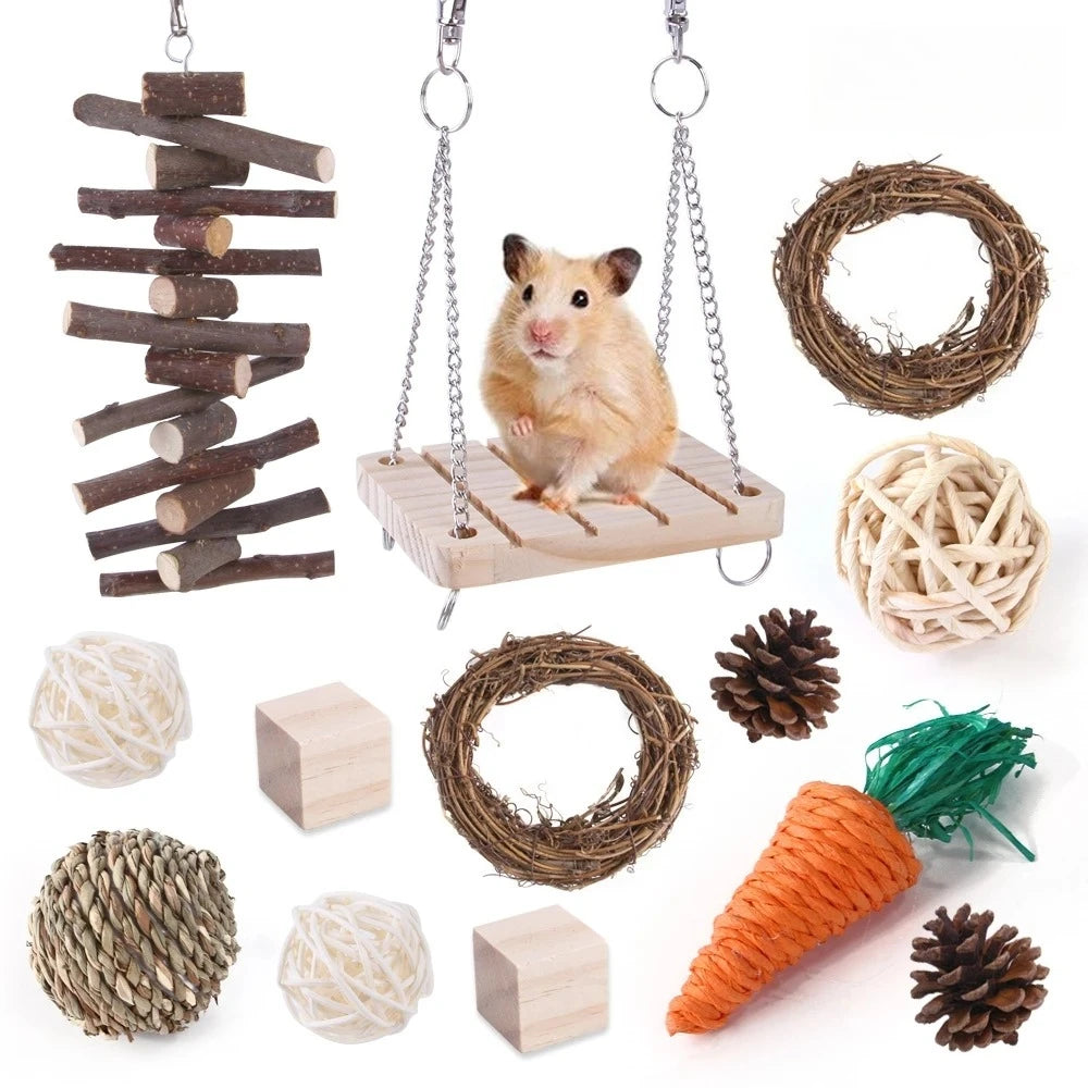 Hanging Grass and Wood Chew Toy Set for rabbits, guinea pigs, hamsters, and chinchillas from Burrowly small pet supplies.