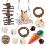 Hanging Grass and Wood Chew Toy Set for rabbits, guinea pigs, hamsters, and chinchillas from Burrowly small pet supplies.