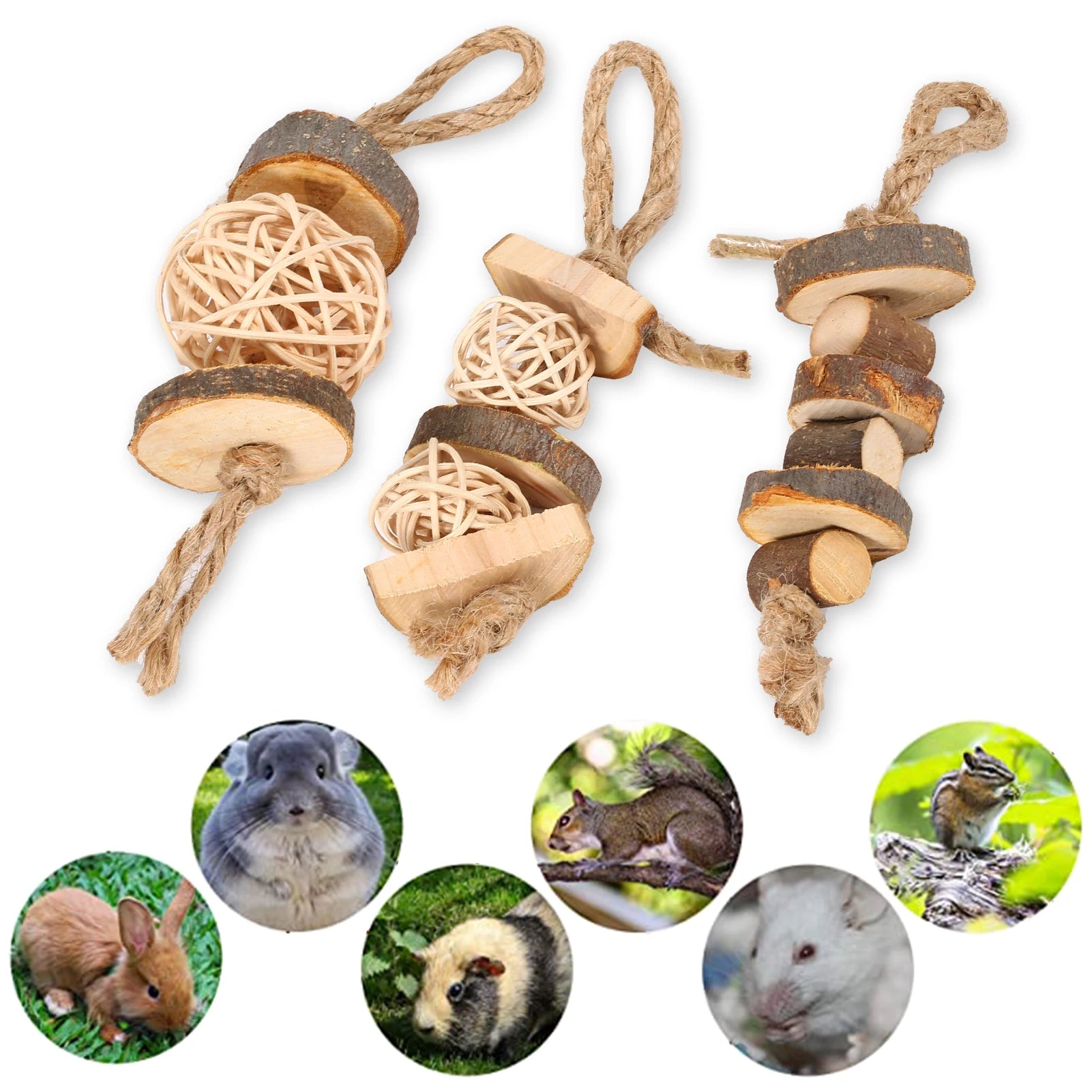 Three piece chew toy set for hamster, guinea pig, rabbit, and chinchilla enrichment.