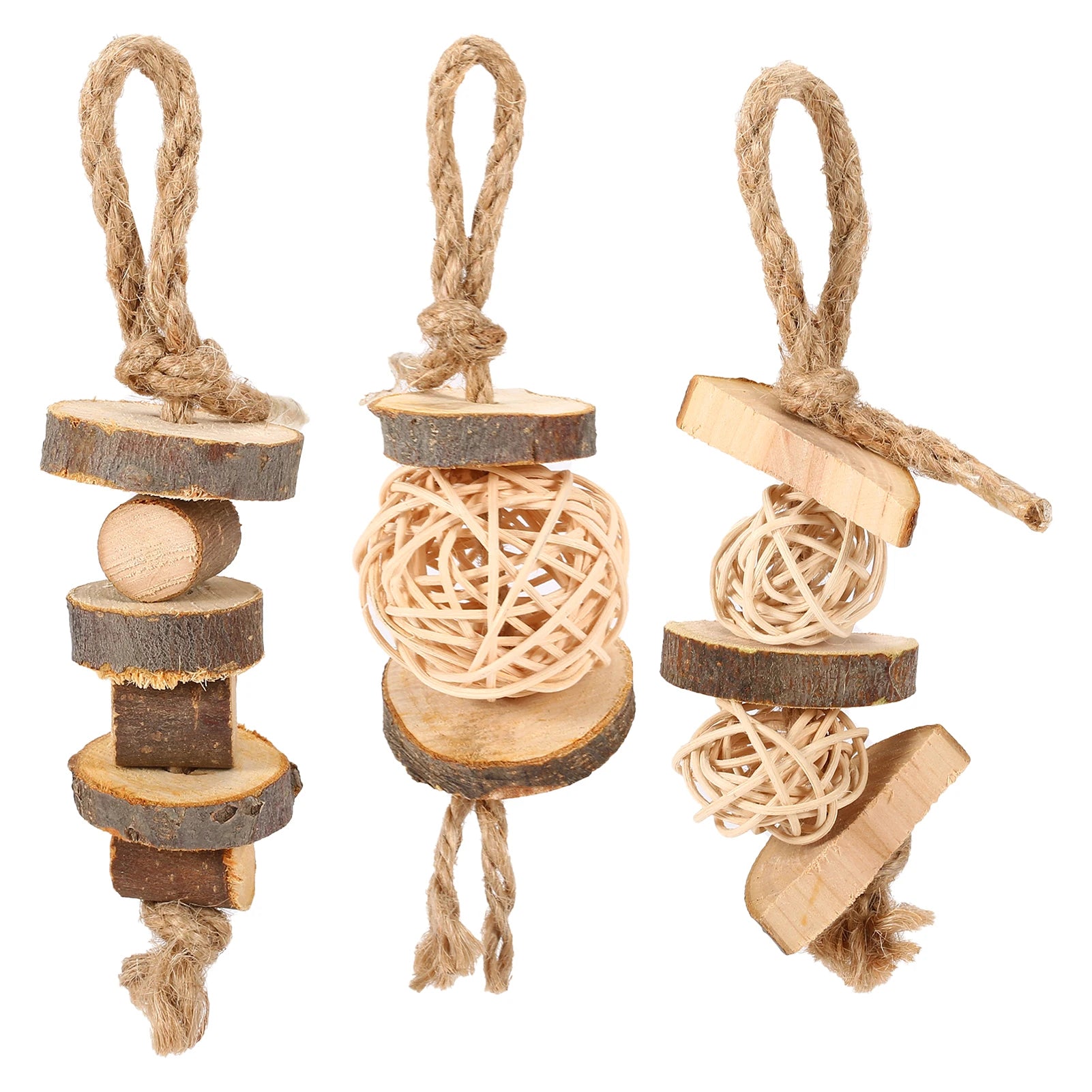 Three piece chew toy set for hamster, guinea pig, rabbit, and chinchilla enrichment.