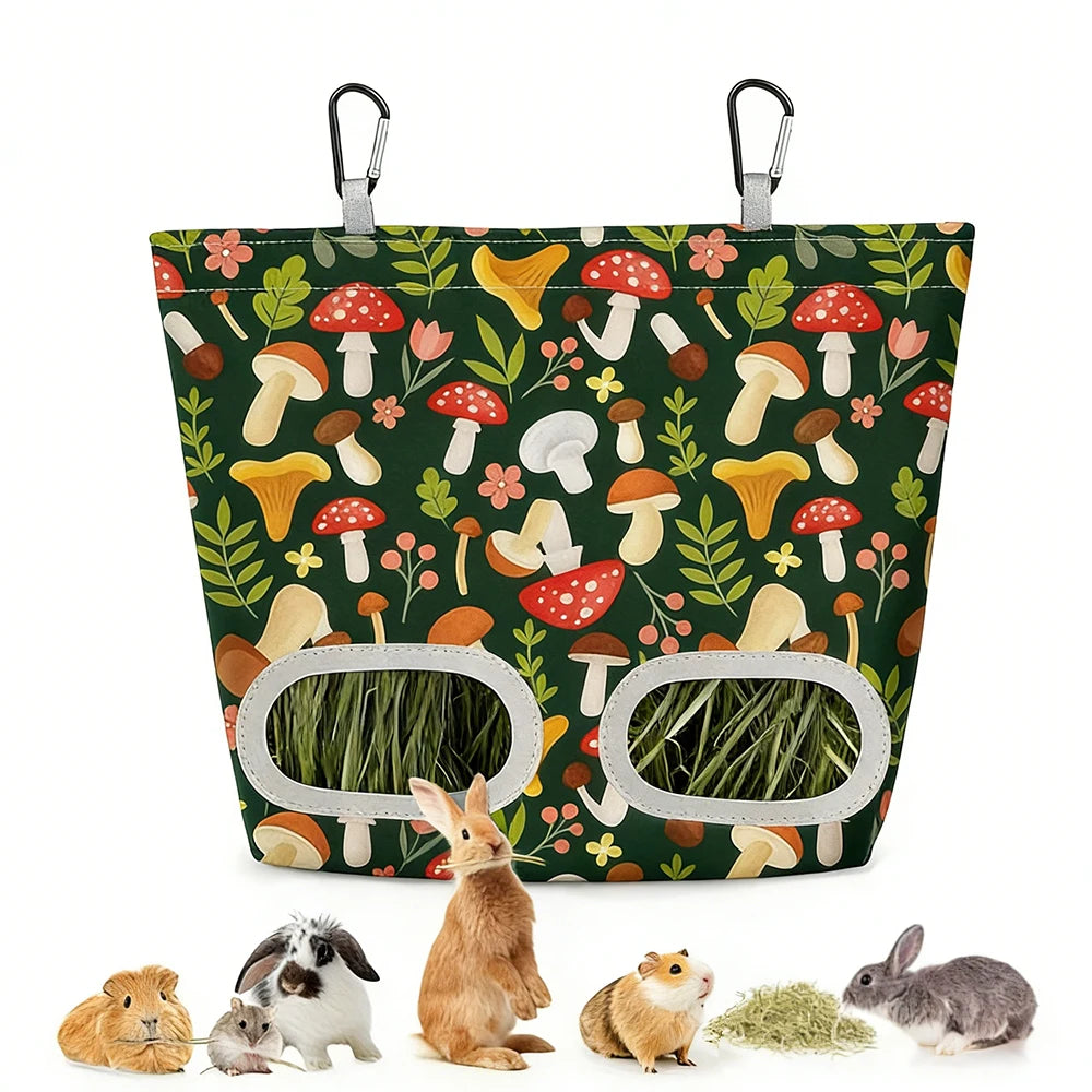 Hanging hay feeder bag for rabbits and guinea pigs from Burrowly.