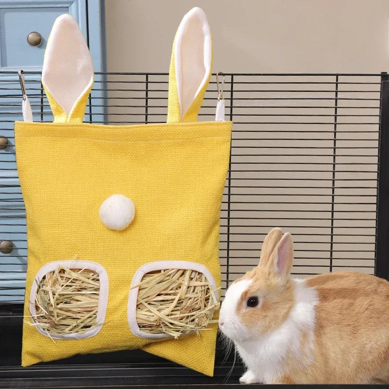 Rabbit Ear Hay Feeder Hanging Pouch Bunny Feeding Bag 2/3 Holes Storage for Burrowly bowls & bottles and small pet care.
