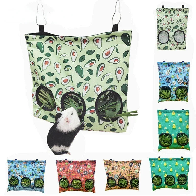 Hanging hay feeder bag for guinea pigs and rabbits from Burrowly.