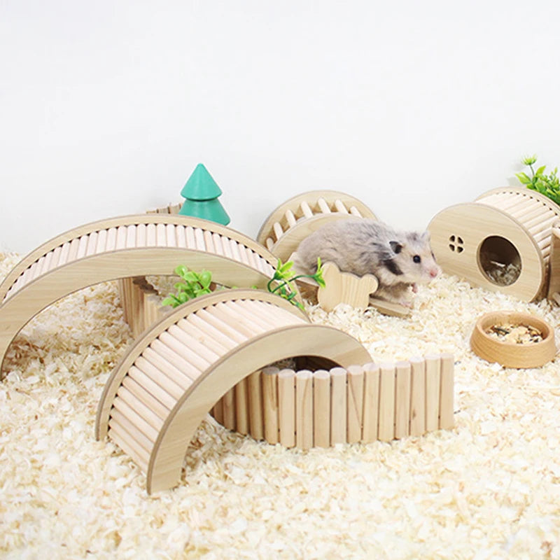 Flexible wooden bridge ladder for small pet habitat enrichment from Burrowly.
