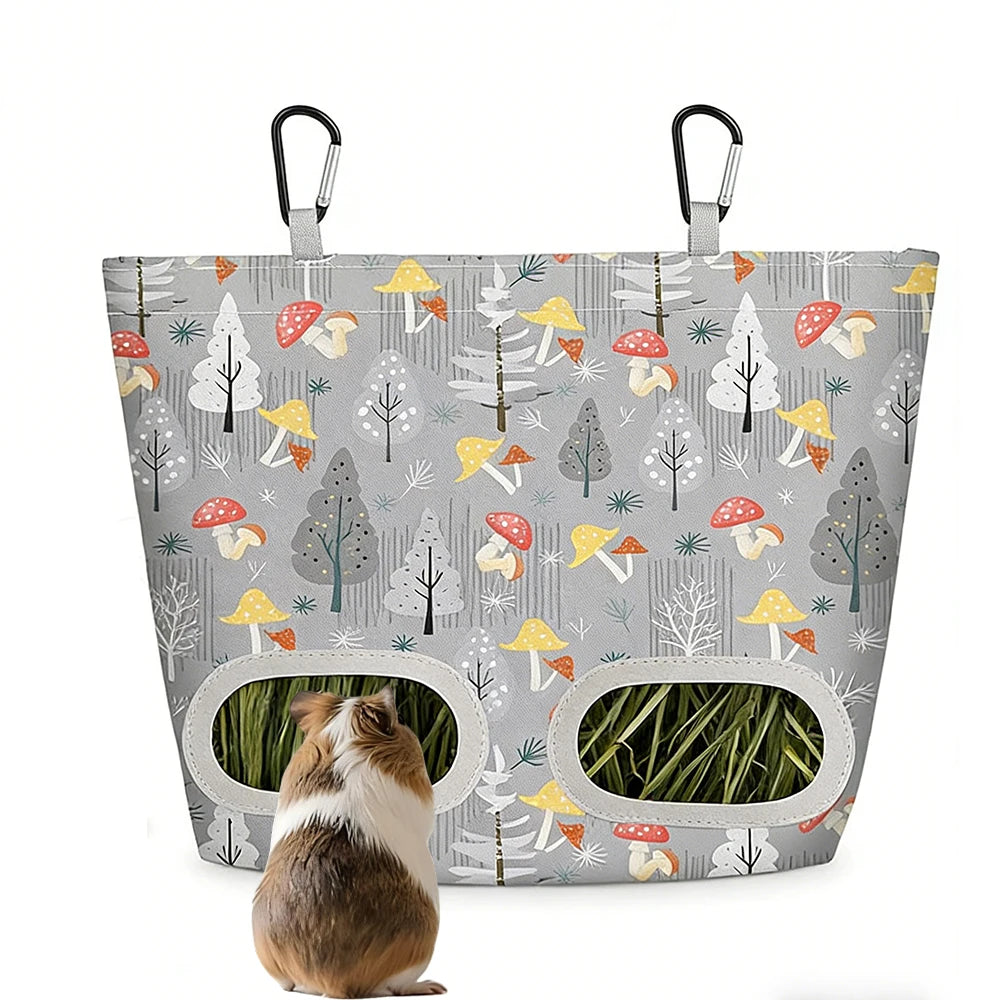 Hanging hay feeder bag for rabbits and guinea pigs from Burrowly.