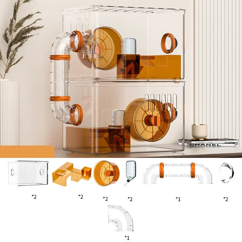 1 Piece of Large Acrylic Hamster Cage with Full Set of Supplies for Golden Hamsters, Sugar Gliders, and Gerbils, Panoramic View Villa