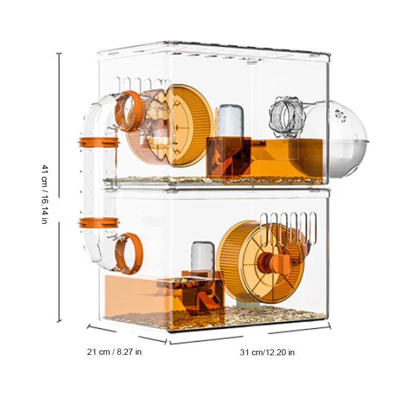 1 Piece of Large Acrylic Hamster Cage with Full Set of Supplies for Golden Hamsters, Sugar Gliders, and Gerbils, Panoramic View Villa