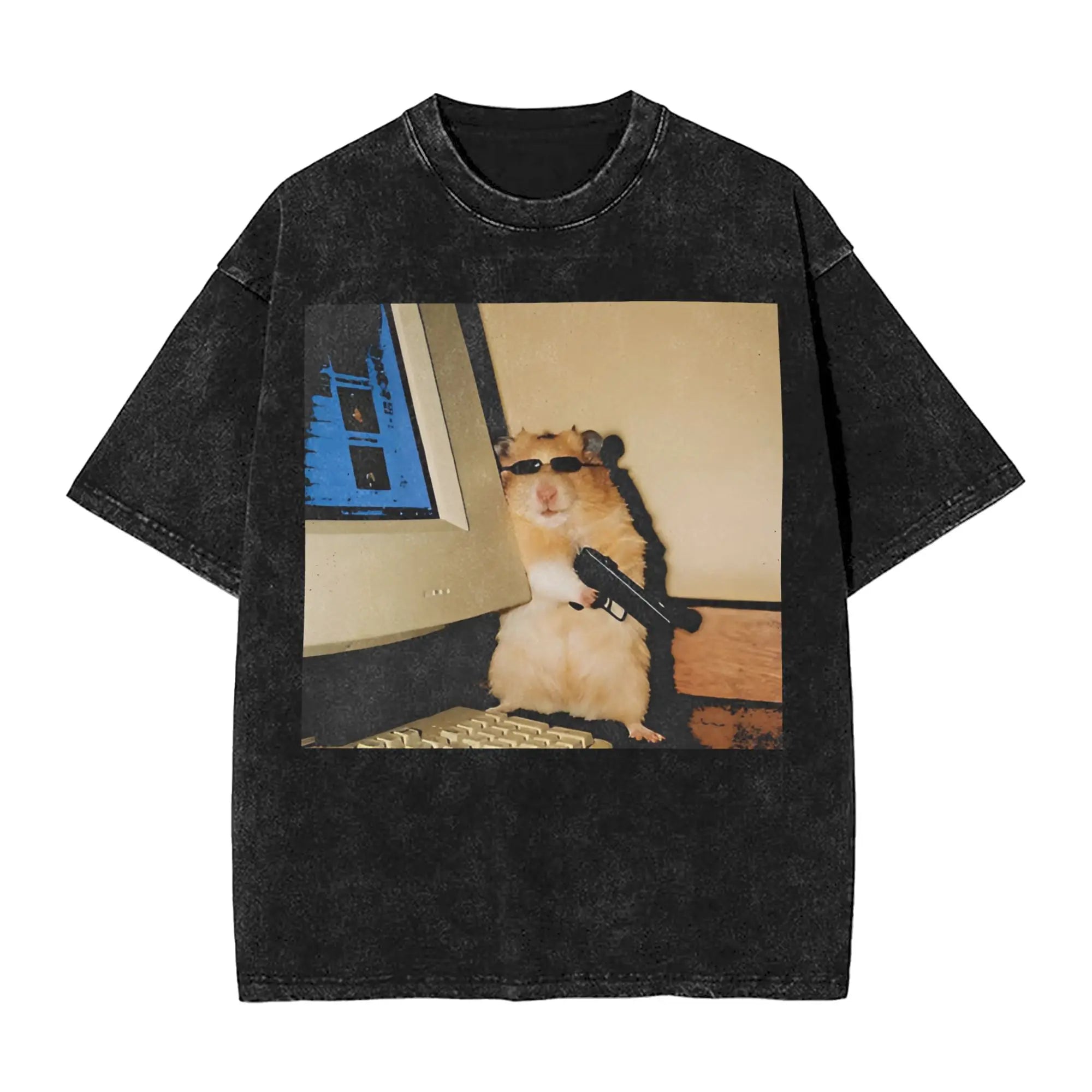 Cyber Hamster Meme Funny Animal Washed T Shirts Streetwear Hip Hop Vintage T-Shirt Tees Tops Men Women Cotton High Street Summer