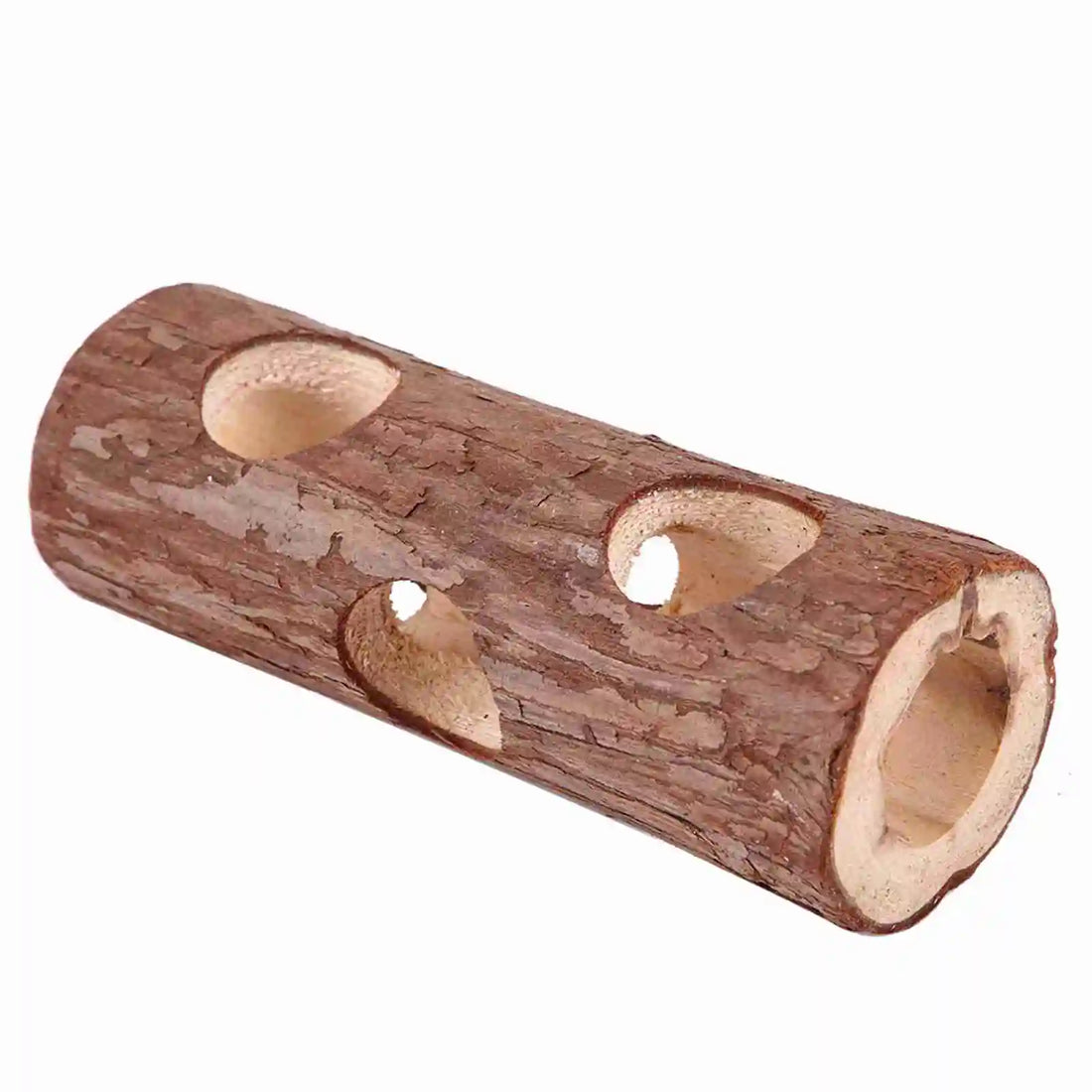 Wooden tunnel chew toy for hamster, guinea pig, and rabbit enrichment from Burrowly.
