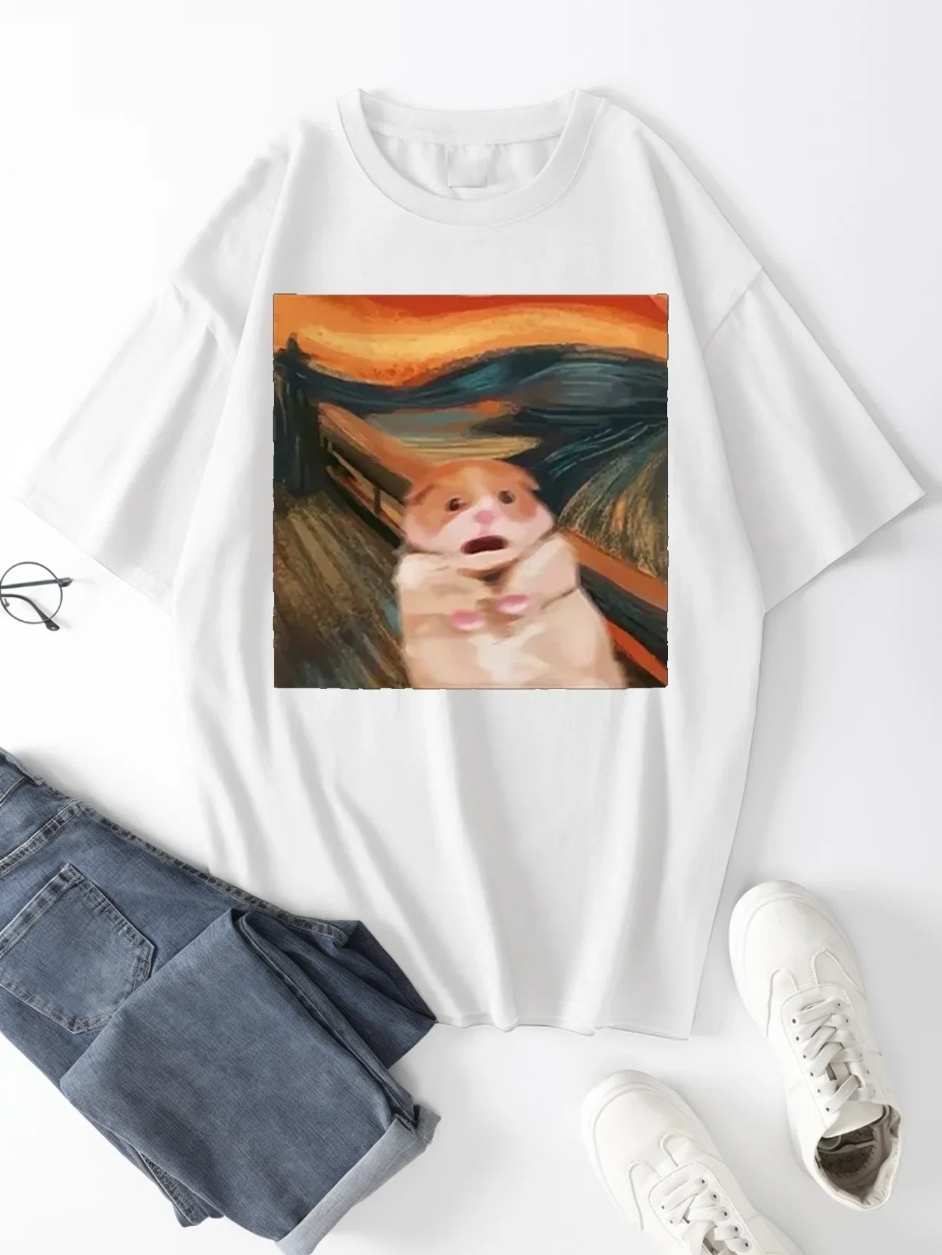 Funny Screaming Hamster Graphic Print Creative Top Casual Short Sleeve Crew Neck T-shirt Clothing for Summer  Women Clothing