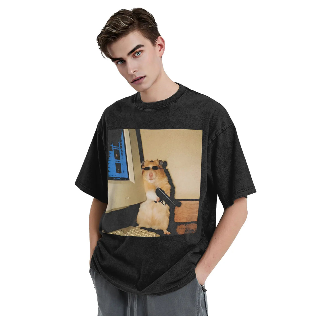Cyber Hamster Meme Funny Animal Washed T Shirts Streetwear Hip Hop Vintage T-Shirt Tees Tops Men Women Cotton High Street Summer