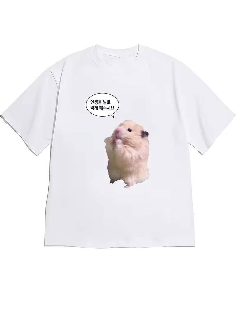 Funny Hamster Headphones Graphic T-Shirt, Cute Meme Print Round Neck Short Sleeve Tee, Casual Daily Top for Wear Women's T-shirt