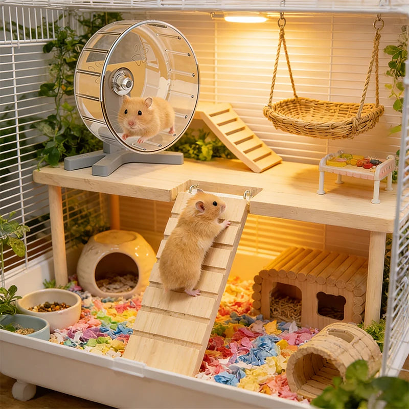 Thick L-shaped Wooden Hamster Platform with Stairs Climbing Hideout