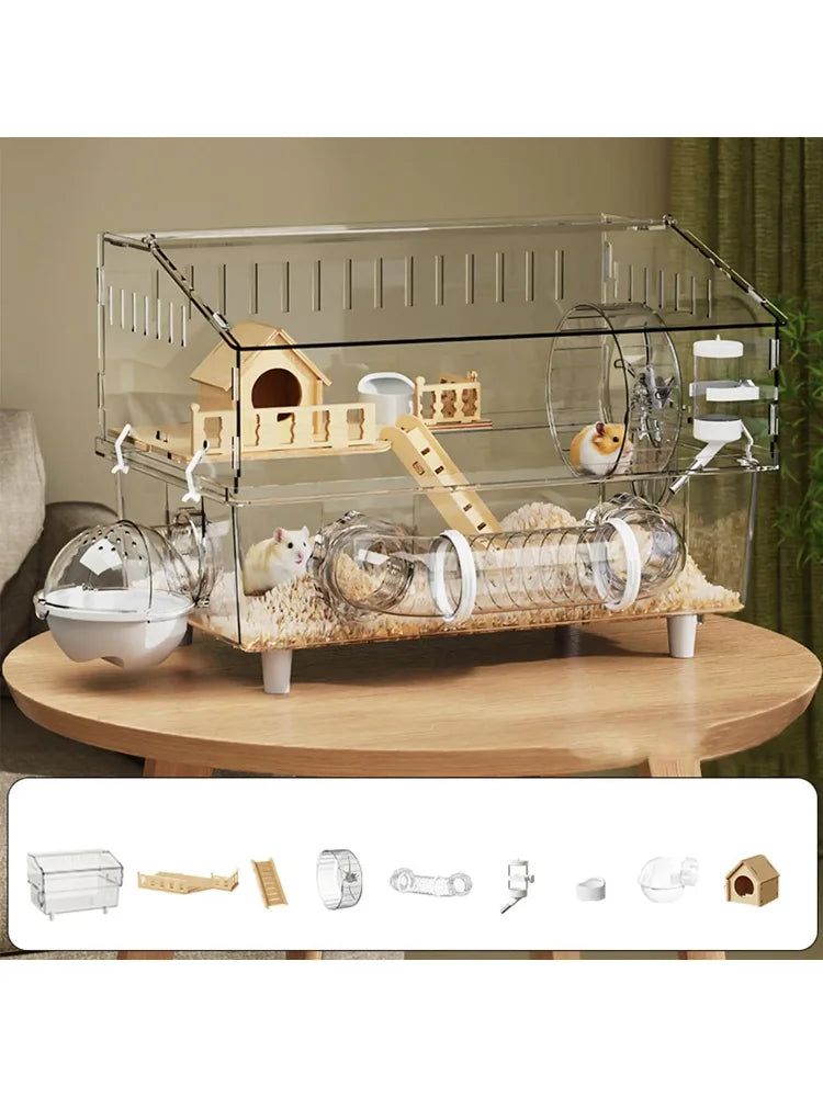 Large Hamster Cage 360 Degree Viewing Clear acrylic Hamster cage Detachable Crate for Gerbils Mice Small Pet Habitat Supplies