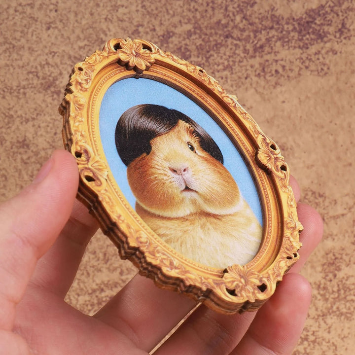 Festive Vintage Carved Wooden Photo Frame Home Decor Oval Retro Style Fridge Magnet Cute Animal Print Guinea Pig Decor