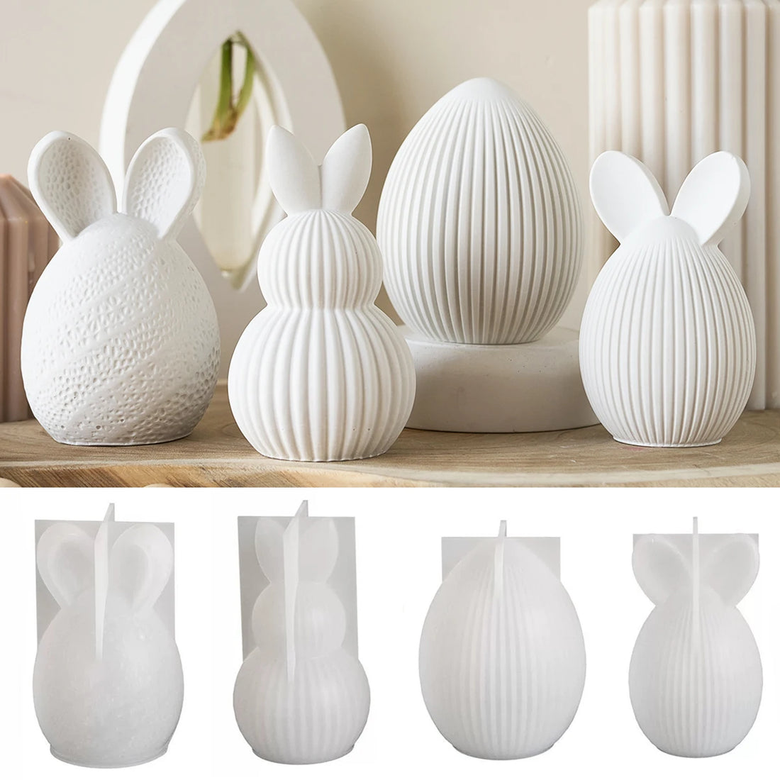 Easter Series Silicone Mold 3D Striped Egg Straight Ear Rabbit Gourd Diamond Pattern Bunny Scented Candle Gypsum Craft Gift Mold