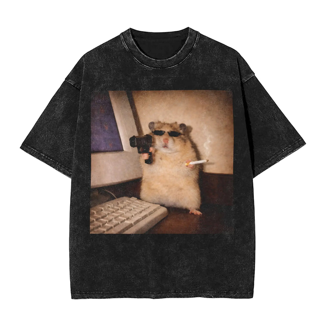 Cyber Hamster Meme Funny Animal Washed T Shirts Streetwear Hip Hop Vintage T-Shirt Tees Tops Men Women Cotton High Street Summer
