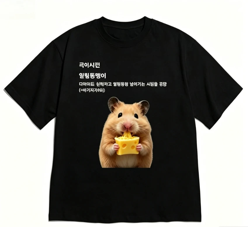 Funny Short Sleeve Hamster French Fries Print T-shirt White Casual Crew Neck Tee with Korean Foodie Dictionary Quote Fashion