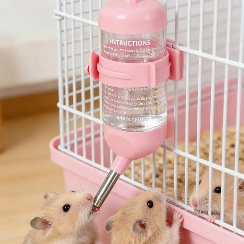 Hanging small animal water bottle for hamster and rabbit hydration from Burrowly.