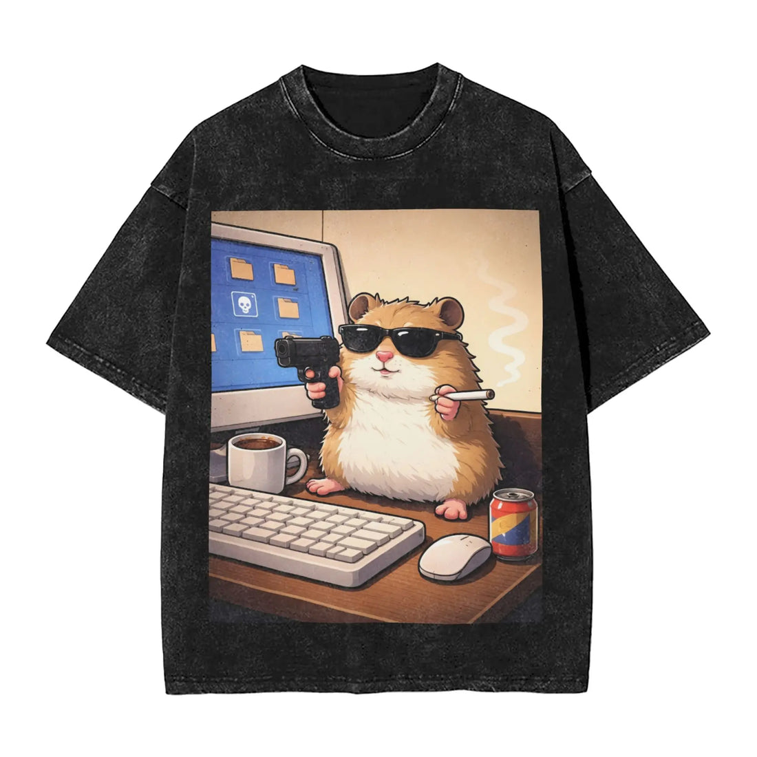 Cyber Hamster Meme Funny Animal Washed T Shirts Streetwear Hip Hop Vintage T-Shirt Tees Tops Men Women Cotton High Street Summer