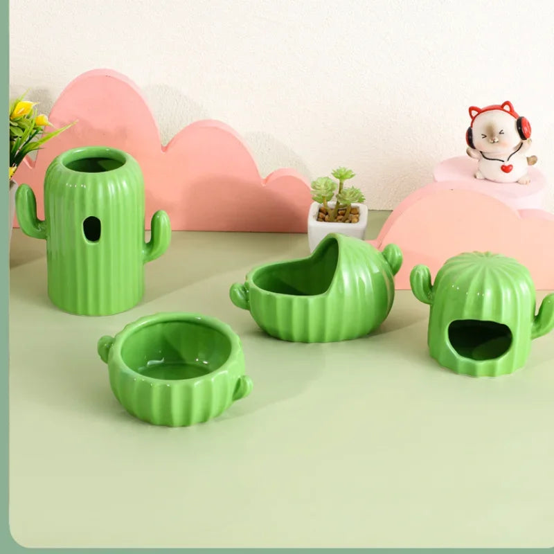 Hamster Ceramic Nest Green Cactus Theme Feeding Bowl Water Bottle Holder