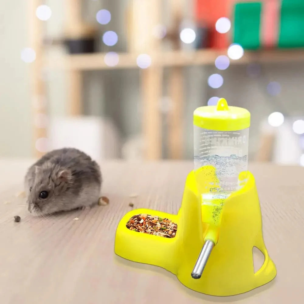 Small pet water feeder bottle and food dish for Burrowly habitat setup.