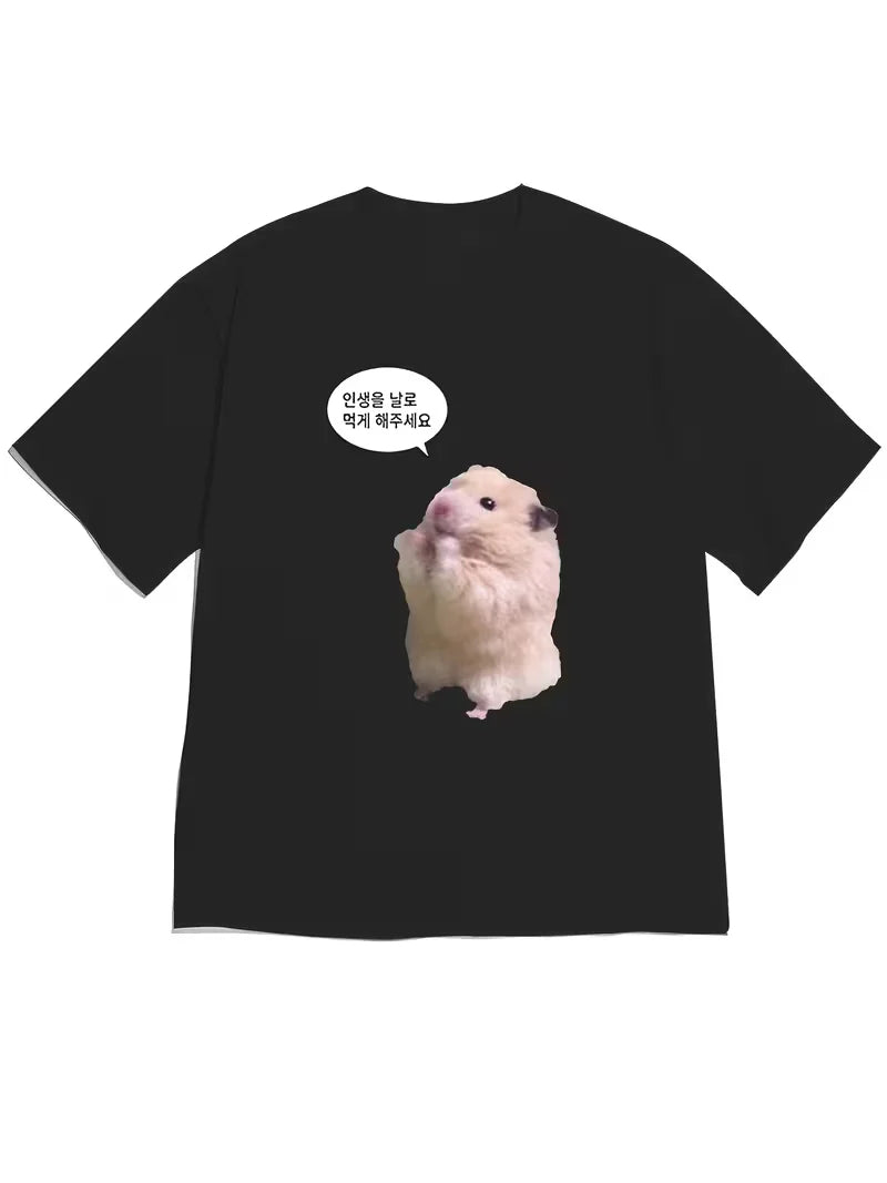 Funny Hamster Headphones Graphic T-Shirt, Cute Meme Print Round Neck Short Sleeve Tee, Casual Daily Top for Wear Women's T-shirt