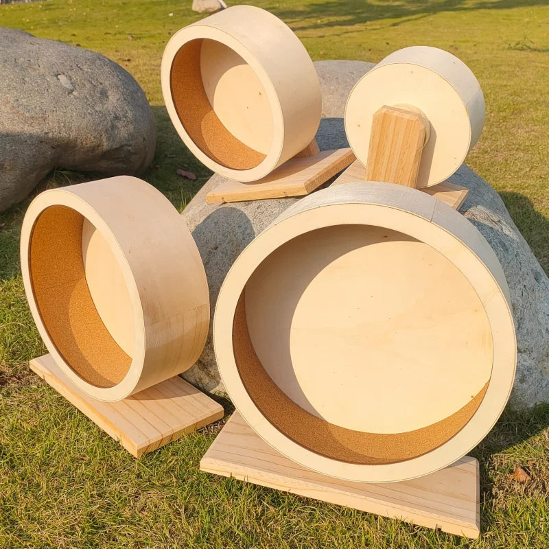 Natural Wood Silent Hamster Wheel with Stand for hamsters, gerbils, chinchillas, and hedgehogs from Burrowly small pet supplies.