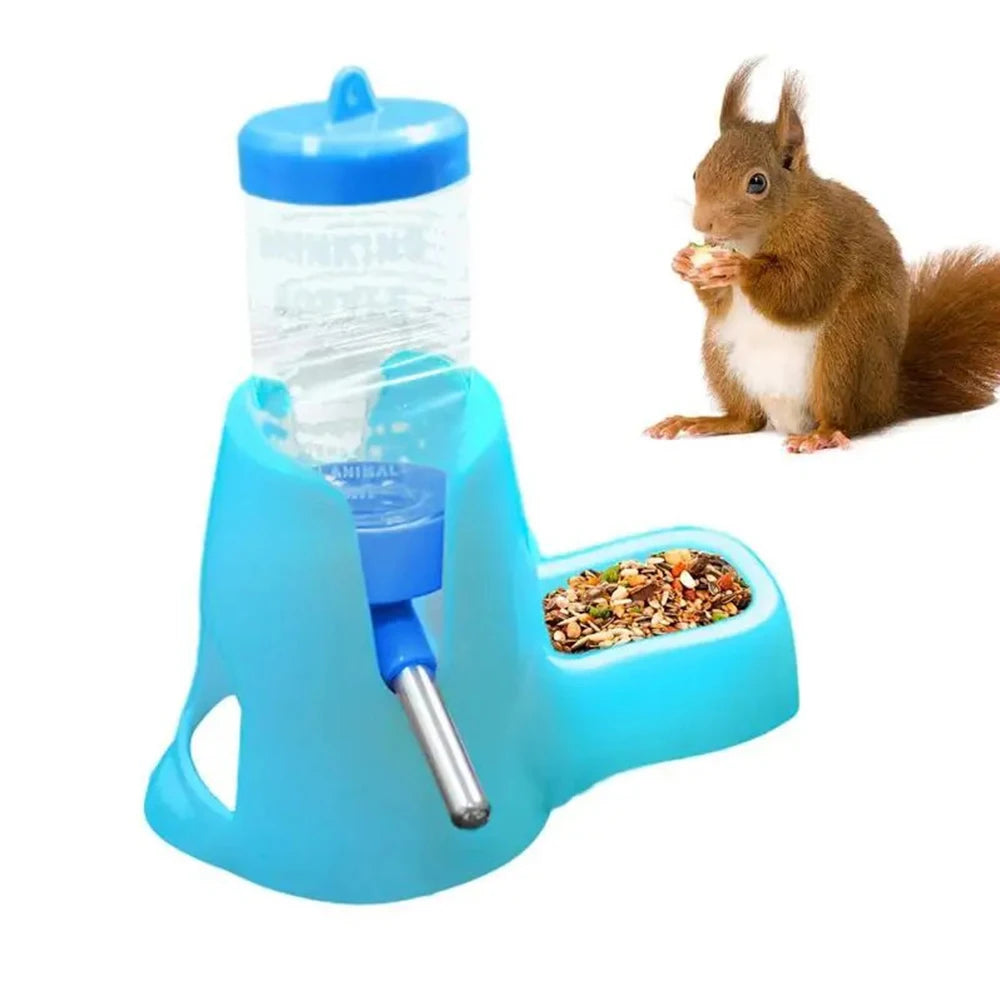 Small pet water feeder bottle and food dish for Burrowly habitat setup.