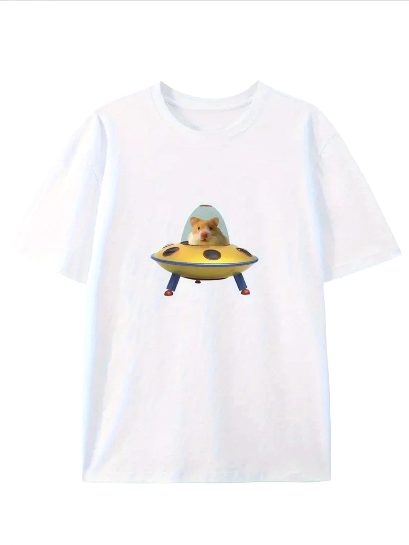 Cool "Hamster in Flying Saucer" UFO Print T-Shirt Casual Streetwear Cotton Tee for Hamster Fans