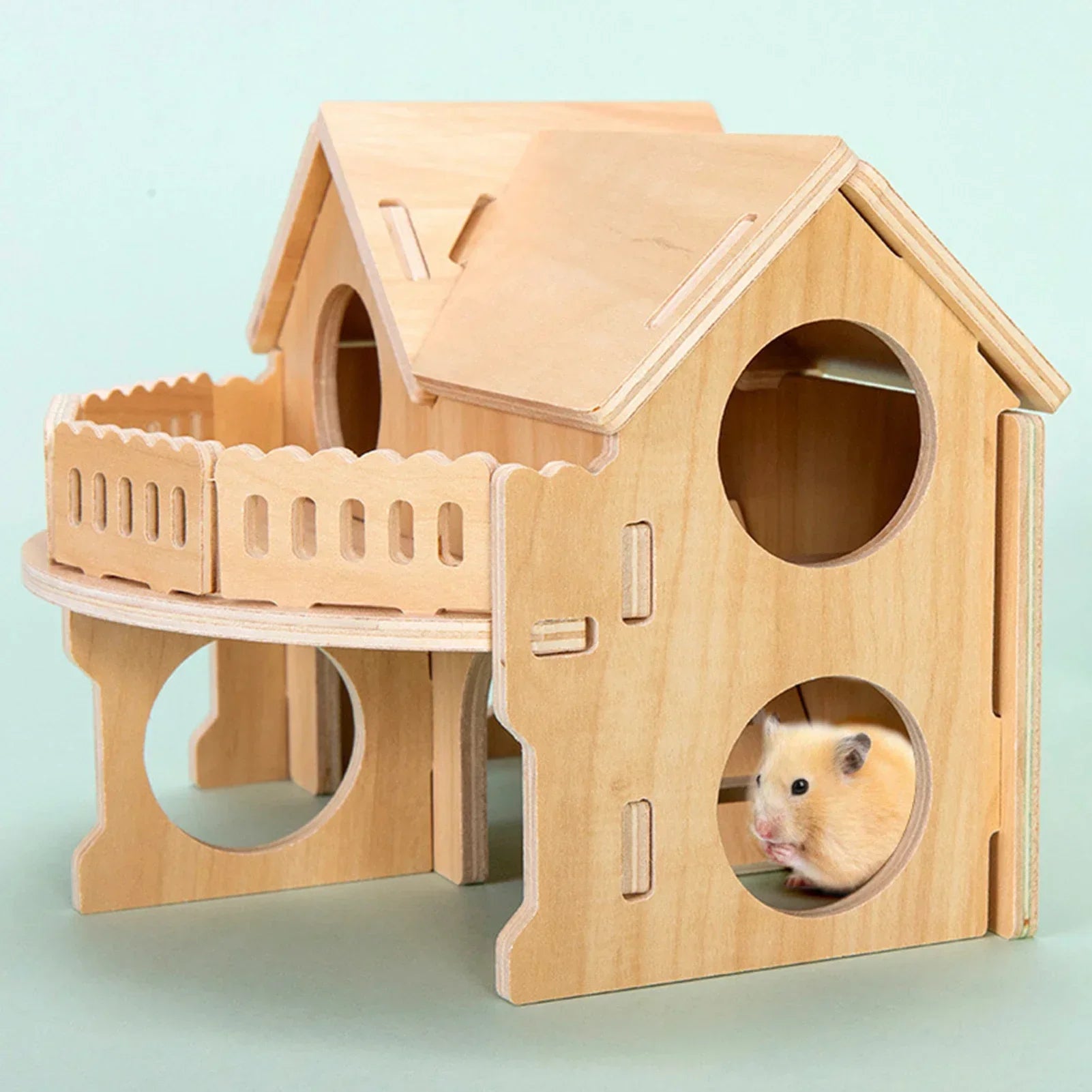 Wooden seesaw swing toy for hamster enrichment from Burrowly.